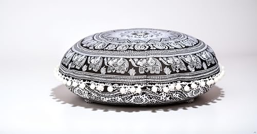 CRAFT KALA Round Mandala Boho Pillow Cover Meditation India Room Seating Poufs Cover for Living Room Yoga Home Décor Bedroom Balcony Garden Decoration Cotton Floor Cushion Cover 32", B & W Elephant - color: Black and White Elephant, size: 32"