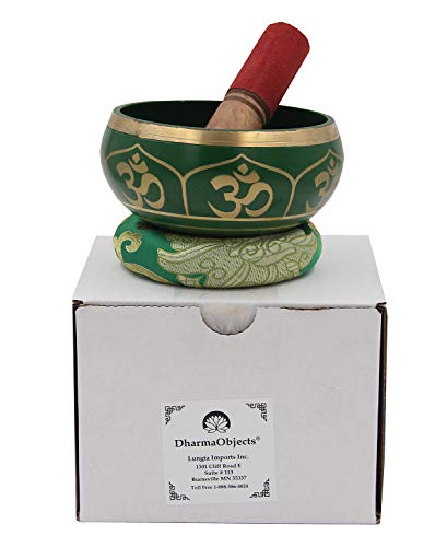 DharmaObjects Relaxing Yoga Meditation Om Peace Singing Bowl/Silk Cushion/Rosewood Mallet Set (Medium, Green) - color: Green, size: Medium