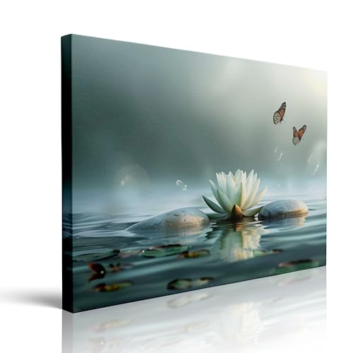 Canvas Wall Art Framed Lotus Flower Water Lily Peaceful Spa Nature Wall Decor Teal Green Butterfly Spiritual Prints Posters Painting Artwork for Women Bedroom Bathroom Living Room Office 16x24 Inches - color: Butterfly and lotus, size: 24"L x 16"W