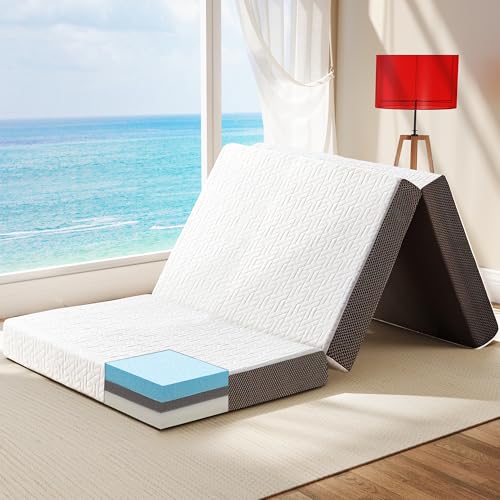 Hanherry 4 Inch Foldable Mattress Full Size, Tri-Folding Portable Memory Foam Topper Floor Bed with Storage Bag, Washable Cover for Travel, Camping, RV, Guest - size: Full (75 × 53 inch)
