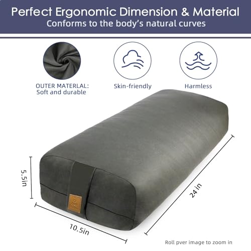 Organic Buckwheat Bolster (24X10.5X5.5 in) Supportive Rectangular Meditation Pillow 100% Cotton Cover Yoga Pillow - color: Light Grey