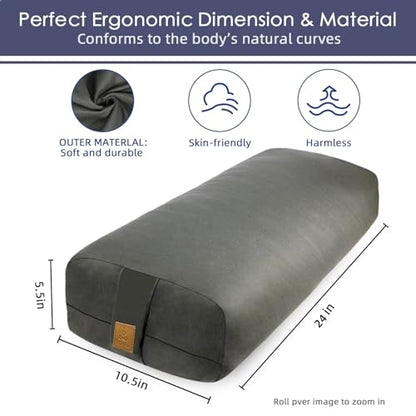 Organic Buckwheat Bolster (24X10.5X5.5 in) Supportive Rectangular Meditation Pillow 100% Cotton Cover Yoga Pillow - color: Light Grey