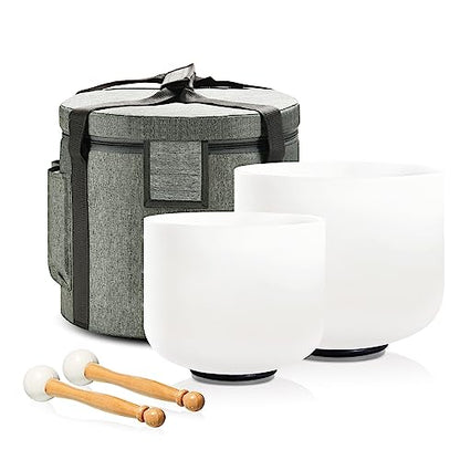 Couple of 2 PCS Crystal Singing Bowl Set, 8" F note Heart Chakra and 10" C note Root Chakra, Sound Bowl Meditation Set for Healing with Carry Case Bag.