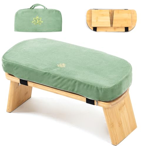 Meditation Bench, Bamboo Meditation Stool, Folding Kneeling Meditation Bench, Seiza Prayer Bench, Prayer Bench with Meditation Cushion, Kneeling Stool(Green-Bag) - color: Green-bag