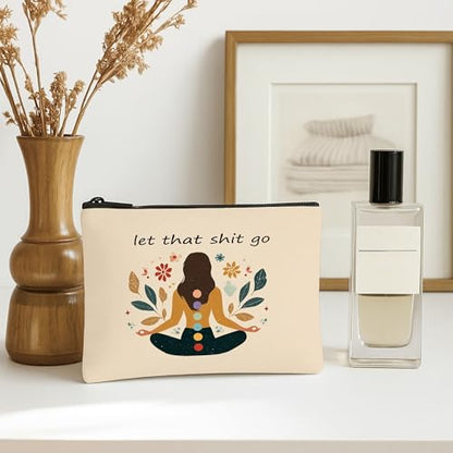 Meditation Floral Cosmetic Bag, Bohemian Chic Zen Makeup Pouch for Women, Portable Canvas Zip Organizer, Mindfulness Gift for Spring 7x9 Inch