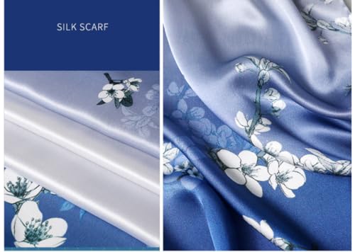 100% Mulberry Silk Long Scarf for Women Large Shawls for Headscarf and Neck- Oblong Hair Wraps with Gift Packed - color: Blue&white Plum Flowers