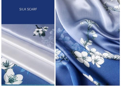 100% Mulberry Silk Long Scarf for Women Large Shawls for Headscarf and Neck- Oblong Hair Wraps with Gift Packed - color: Blue&white Plum Flowers