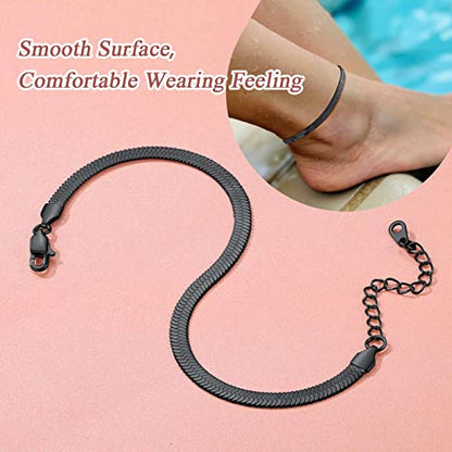 FindChic Elegant Herringbone Snake Chain Anklets/Bracelets 3MM/5MM Width Stainless Steel/18K Gold/Rose Gold Plated/Black 4 Color Options, 8.3'' 8.5'' 10.5'' Length, with Gift Box - color: A: 5mm 8.5'' anklet (Black)