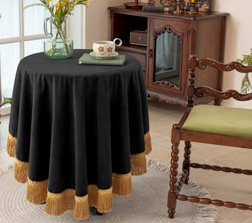F-CHU Black 70 Inch Round Tablecloth Thickset Velvet Tablecloth with Beautiful Gold Tassels Vintage Table Cloth for Home Decor Wedding, Party, Banquet and Events 70" Round - color: Black, size: 70" (Round)