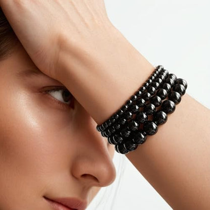 4pcs Beaded Bracelets for Women,Natural Healing Crystal Gemstones Bracelet,Anxiety Stress Relief Bracelet Handmade purple Jewelry Gifts for Women - color: Black Obsidia