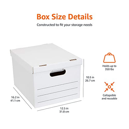 Amazon Basics Storage/Filing Boxes with Lift-Off Lid, Letter/Legal Size, Collapsible, Tape-Free Assembly, White, 16.2" L x 12.5" W x 10.5" H, 20-Pack - style: Standard 20-pack