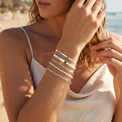 Dainty Gold Bracelet for Women Stack, Thin Bracelets Stackable Set with Bangle Cuff, Box, Herringbone, Paperclip, Figaro, Sparkling Link Chains Waterproof, Simple Jewelry Gifts for Women Non Tarnish - color: style 02-silver