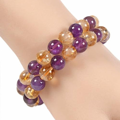 Justinstones Gem Semi Precious Gemstone 8mm Round Beads Stretch Bracelet 7 Inch Unisex - color: Amethyst Citrine