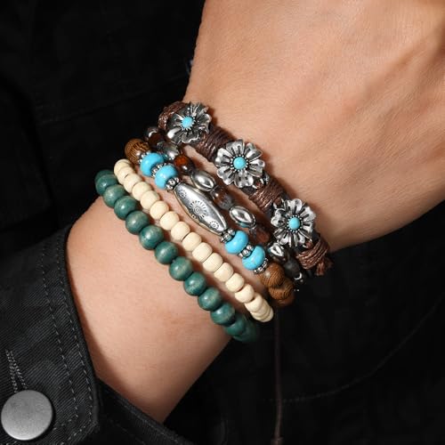 5pcs Wooden Bead Bracelet Set with Charm and Tassel for Men & Women - Stackable Boho Bracelets, Amber Color Scheme Adjustable Bracelet - color: White Cyan Brown