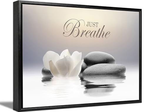 Floating Framed Zen Wall Art, White Lotus Flower Canvas Prints, Just Breathe Stone Poster Picture for Office Spa Yoga Meditation Room Bathroom Wall Decor 12x16in - color: Framed Stone Lotus, size: 16"L x 12"W