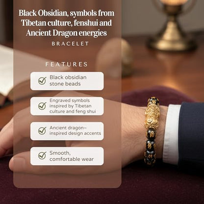The Alchemist's Arcanum Adjustable Beaded Wrist Accessory for Men and Women, Stretch Fit Stone Bead Jewelry for Daily Wear and Gifting - color: Black Obsidian, Ancient Dragon Energies