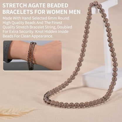 14in Agate Wrap Bracelet for Women Men Natural Round Beaded Agates Stone Healing Stretch Bracelets Elastic Handmade Polished Gemstone Beads Bracelet - color: Grey Obsidian, size: 6mm Beads