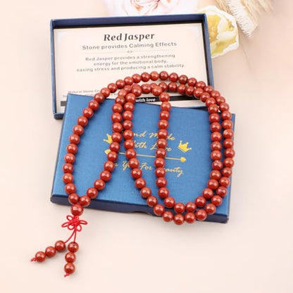 AD Beads 6mm 8mm 108 Prayer Mala Jasper Elastic Bracelet - Handmade Yoga Meditation Healing Power Energy Gifts for Unisex Adult. - color: Red Jasper(Calming)