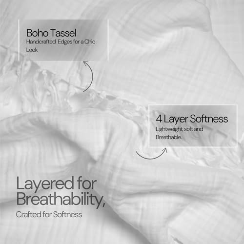 Salt Earth 100% Cotton Muslin Throw Blanket, Gauze Blanket 50"X60" Throw with Tassel 4 Layered for Couch, Bed, Living Room, Lightweight & All Season Blankets & Throws, Nature & Skin Friendly(White) - color: White, size: 50"X60" Throw