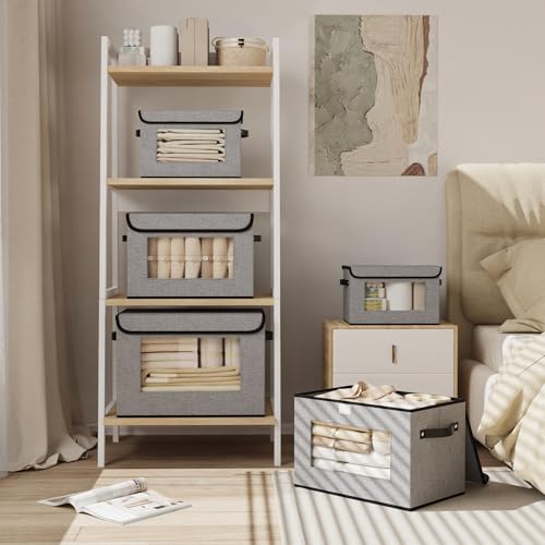 Fabric Storage Bin with Lid, Storage Box with Handles, 10.2 x 7.8 x 6.7 Inch Closet Organizer for Shelves Organization, Gray, 1-Pack