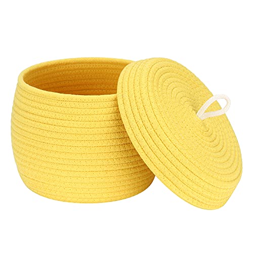 Sea Team Round Cotton Rope Storage Basket with Lid, Decorative Woven Storage Bin, Pot, Caddy, Organizer, Container for Snacks, Towels, Plants, 10 x 7.5 Inches (Small, Yellow) - color: Yellow, size: Small