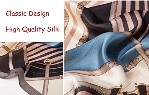 100% Mulberry Silk Long Scarf for Women Large Shawls for Headscarf and Neck- Oblong Hair Wraps with Gift Packed - color: Cream&blue Belts