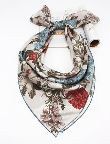 ANDANTINO 100% Silk Scarf 43" Large Square Lightweight Headscarf& Shawl–Women Hair Wraps-With Gift Packed - color: Flowers-white
