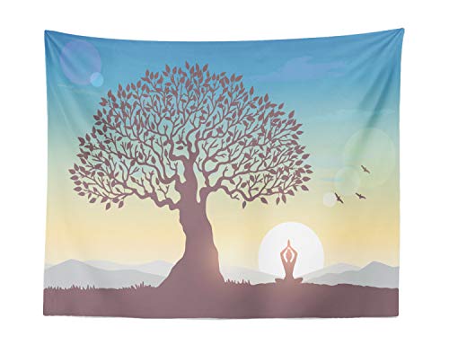 Lunarable Meditation Tapestry, Silhouette Woman Sitting in Lotus Pose and Welcoming the Sun Under a Huge Tree, Fabric Wall Hanging Decor for Bedroom Living Room Dorm, 28" X 23", Multicolor - size: 28" X 23"