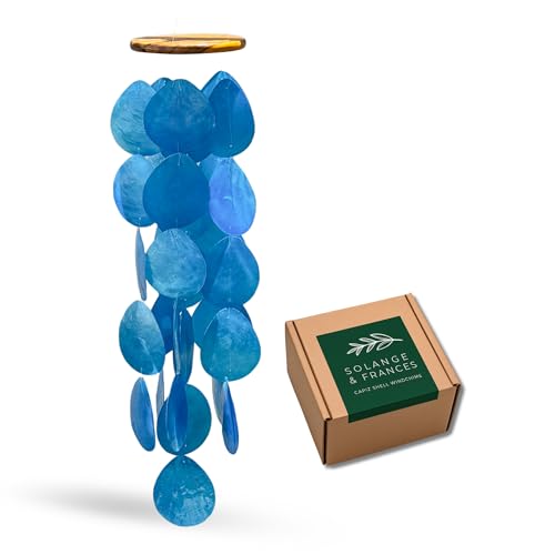 Solange & Frances Blue Wind Chimes for Outside. Capiz Shell Wind Chime Unique House Decor and Patio Decor. Birthday Gifts for Women, Gifts for Women Who Have Everything - color: Blue