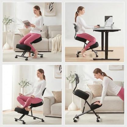 Kneeling Chairs with Backrest Linen Ergonomic Home Office Chair Adjustable Height Seat Rolling Wheels Comfort Thick Cushion Work Stool Improve Posture Chair - size: with back
