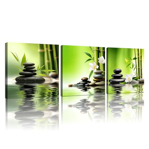 GLOKAKA 3 Panel Zen Wall Art Still Life SPA Stone Green Bamboo White Flower Pictures Meditation Yoga Wall Decor Natural Green Plant Canvas Artwork for Bedroom Bathroom Decor