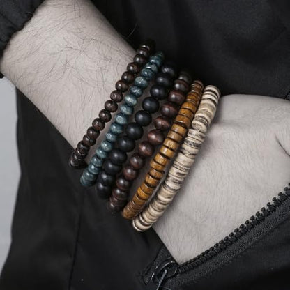 Puka Shell Bracelet for Men Wooden Bracelets Turquoise Stack Beaded Minimalist Trendy Jewelry for Friend Gift - style: 6pcs-Brown