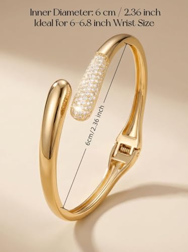 Gold Cuff Bracelets for Women, 14K Gold Plated Open Cuff Bangle Bracelet with CZ Pave, Minimalist Stackable Chunky Gold Bracelet for Women
