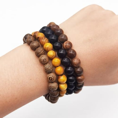 INSPIRELLE 8 Pieces Natural Wood Elastic Beaded Bracelet for Men and Women