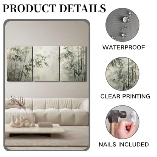 sawjug Bamboo Canvas Wall Art, Bamboo Wall Art, Zen Wall Decor, Meditation Decor for Living Room, Bedroom, Yoga Room (24" x 36" x 3 pcs)