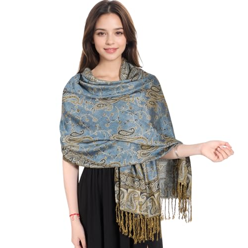 MUQU Women Pashmina Shawls and Wraps Scarf Soft Silky Reversible Paisley Scarves Shawl for Women - color: Denim Blue