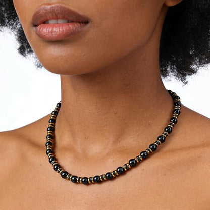 Gemstone Beaded Necklace for Women, Trendy 18K Gold Plated Hematite Natural Stone Bead Choker, Boho Handmade Summer Beach Necklaces for Women Everyday Western Jewelry Gifts - color: 02-black