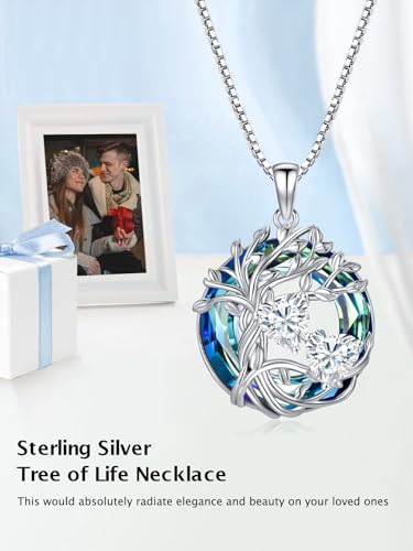 TOUPOP s925 Sterling Silver Family Celtic Tree of Life Pendant Necklaces with 2 Heart Birthstone with Blue Austrian Crystal Jewelry Birthday Valentines Day Gifts for Her, Anniversary Christmas Gifts for Wife Girlfriend Mom (18K Real White Gold Filled) - c