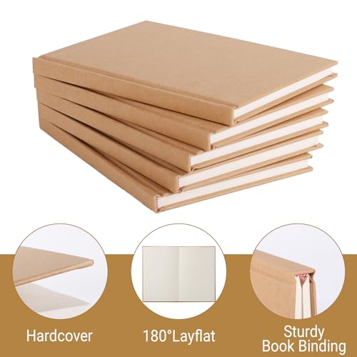 zmybcpack 6 Pack A5 Kraft Hardcover Sketchbook Blank Notebook Journal, 5.51" x 8.26", 120Pages/60 Sheets, 100gsm, Unlined Notebooks Blank Sketch Books for Travelers, Students, Office - size: 5.51" x 8.26" (6 pack)