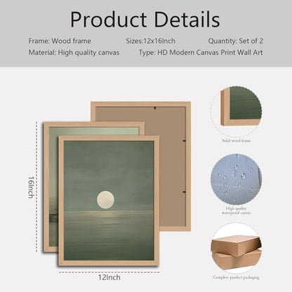 Japanese Zen Wall Art Set of 2 with Wooden Frame – Minimalist Sage Green Sunset Landscape Prints, Japandi Scandinavian Boho Painting, Framed Picture Wall Decor 12x16 Inch