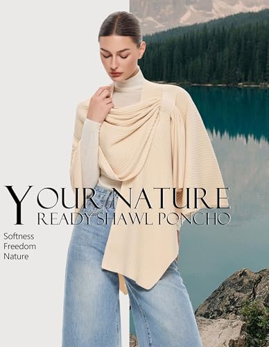 PULI Womens Elegant Cross Front Shawl Wraps Knitted Ponchos Cape Light Weight Poncho Sweater Soft Warm Travel Wraps - color: Rib-beige