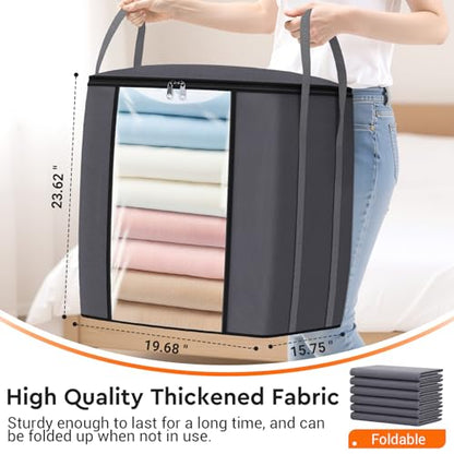120L Extra Large Clothes Storage Bags, Foldable Blanket Storage and Organization, Thick Fabric Containers with Reinforced Handles & Zippers for Clothing, Comforters, Bedding, Gray, 1 Pack