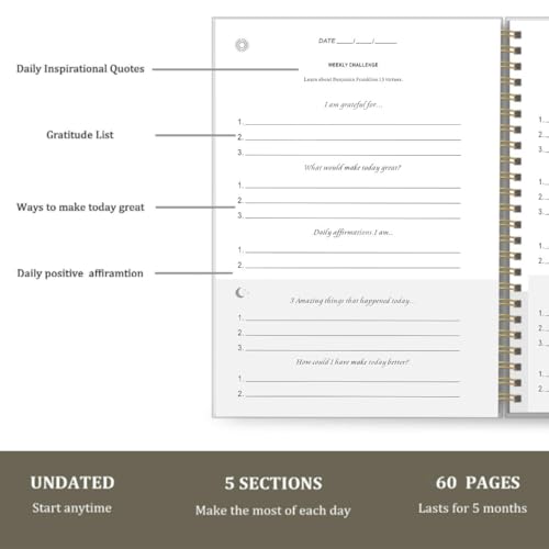 NDEMl Five-Minute Gratitude Journal, A5 Mindfulness Reflection and Performance Journal, Undated Notebook, Growth Inspirational Notepad (navy blue)