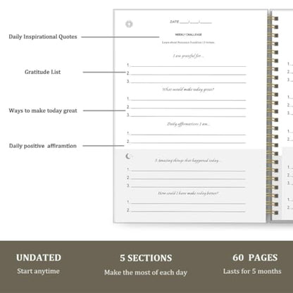 NDEMl Five-Minute Gratitude Journal, A5 Mindfulness Reflection and Performance Journal, Undated Notebook, Growth Inspirational Notepad (navy blue)