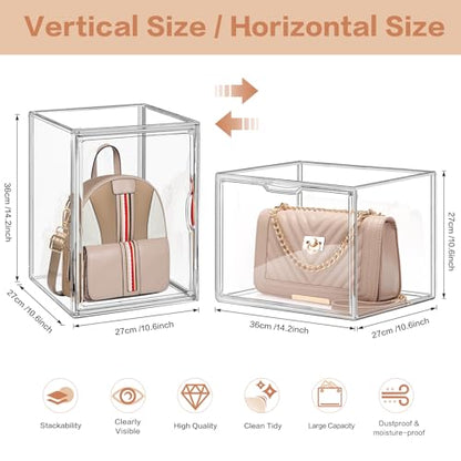 4 Packs Clear Handbag Storage Organizer for Closet, Acrylic Display Case for Purse Handbag, Stackable Purse Organizer Storage Box with Magnetic Door for Wallet Book Toys Collectibles