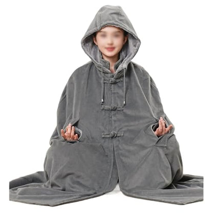 Women Men Meditation Hooded Cloak Double Layer Plush Thickened Coat Comfortable Warm Prayer Robe - color: Gray, size: X-Large