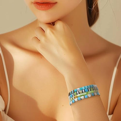 Tila Flat Beaded Stretch Bracelets for Women, Trendy Unique Handmade Stackable Green Blue Square Beads Miyuk Link Bracelet Summer Jewelry Gift - color: Turquoise Blue Tan