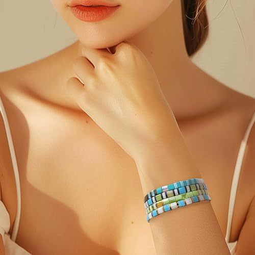 Tila Flat Beaded Stretch Bracelets for Women, Trendy Unique Handmade Stackable Green Blue Square Beads Miyuk Link Bracelet Summer Jewelry Gift - color: Turquoise Green