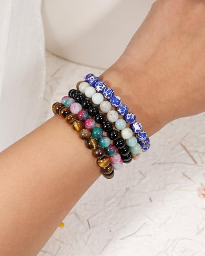 BOMAIL 5Pcs Healing Crystal Bracelets for Women 8mm Natural Stone Beaded Stretch Bracelet Set Handmade Semi-Precious Gemstone Bracelets - color: C