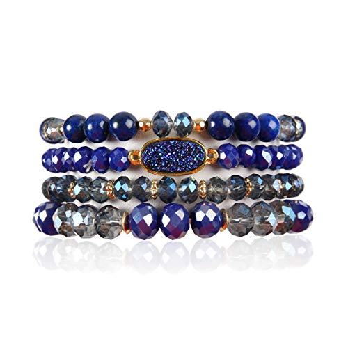 RIAH FASHION Bohemian Acrylic Druzy Multi-Layer Bead Statement Bracelet - Versatile Faux Stone Pendant Stretch Strand Stackable Cuff Bangle Set Sparkly Crystal - color: Oval Acrylic Druzy - Sapphire